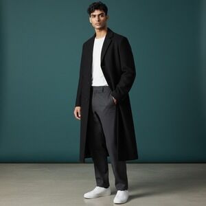 Kasper Overcoat Black Cashmere Blend 46L Long Trench Coat Mens